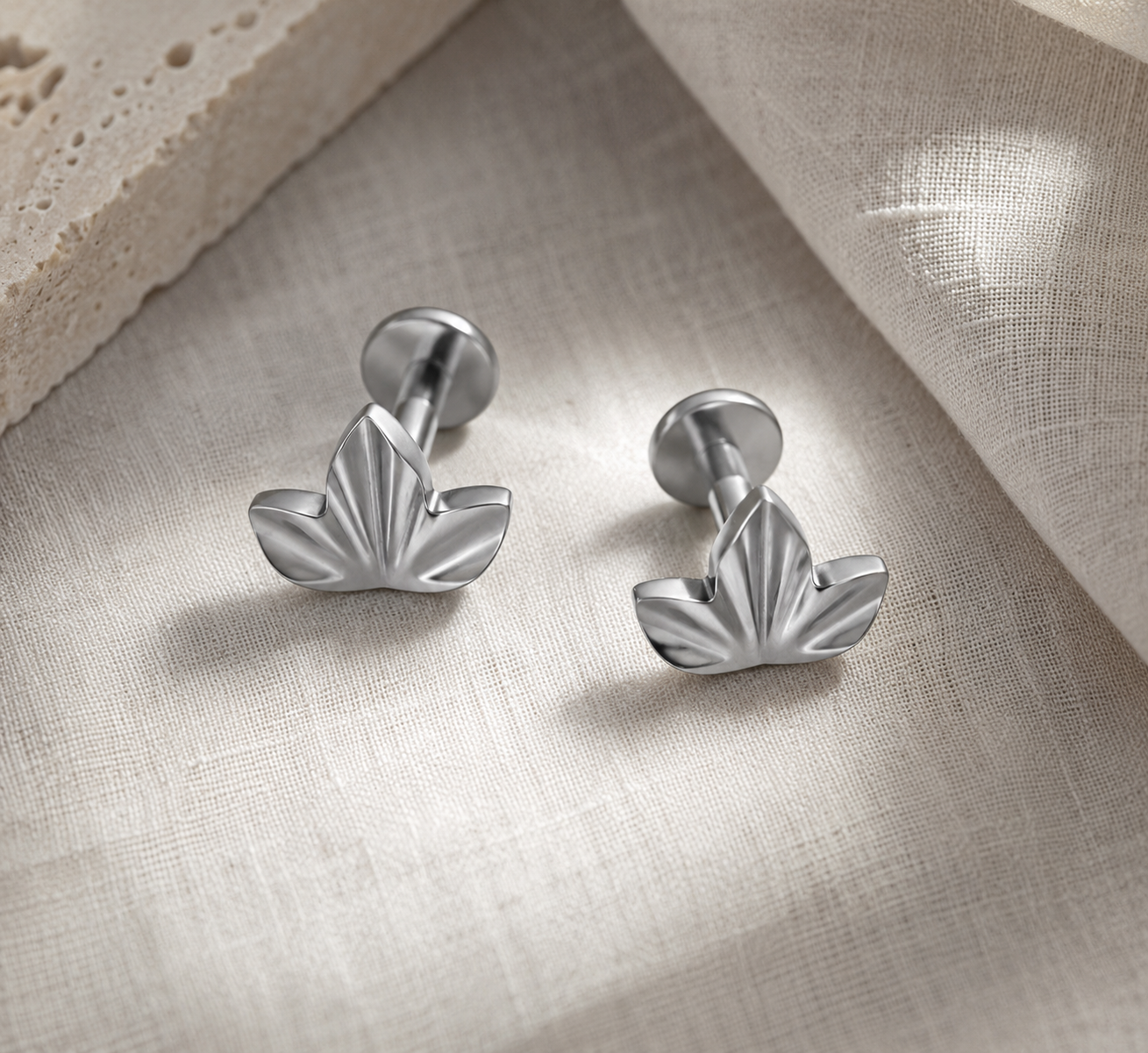 Silver titanium earrings on linen